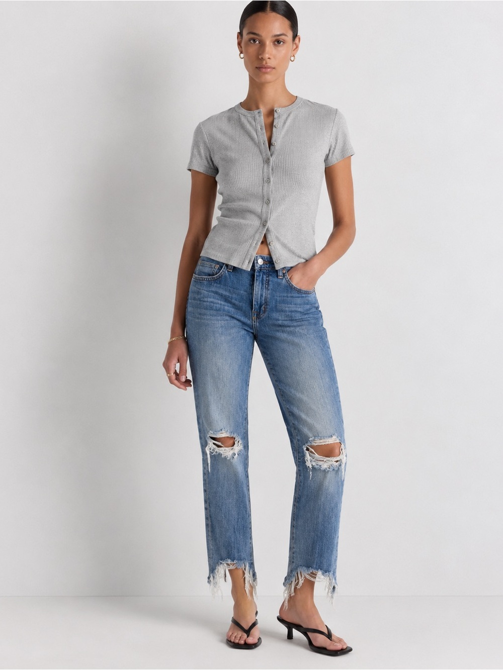L'AGENCE Distressed Light Blue Cropped Ankle Jeans